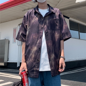 2025美式扎染印花冰丝凉感短袖碎花衬衫薄衬衣 CS1899/特P25 黑图片