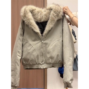 现货高品质美式高街冬季重磅硬挺短款座山雕毛领棉衣男女加厚外套图片
