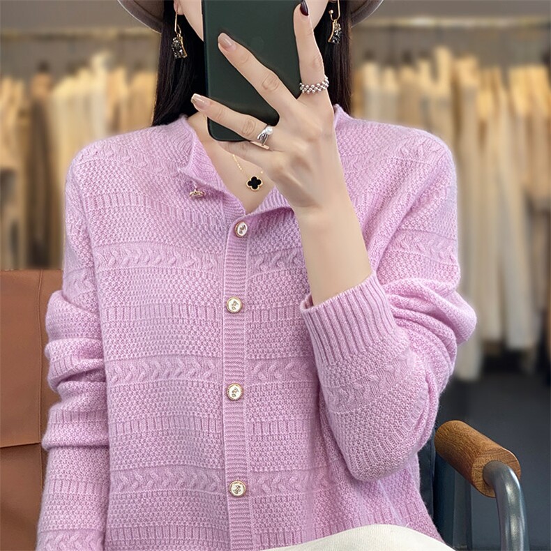 连帽100%羊毛开衫女秋冬新款带兜针织毛衣帽衫外套宽松羊绒衫上衣,女装羊毛衫,琳尚羊绒