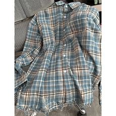 新美式磨毛蓝色格子衬衫女男同款宽松情侣衬衣外套513ACS1987P33，男装衬衫，星座513A
