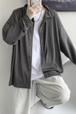 秋装新款港风褶皱纯色宽松长袖衬衫男女情侣外套ins潮H208/P55，男装衬衫，钱塘713