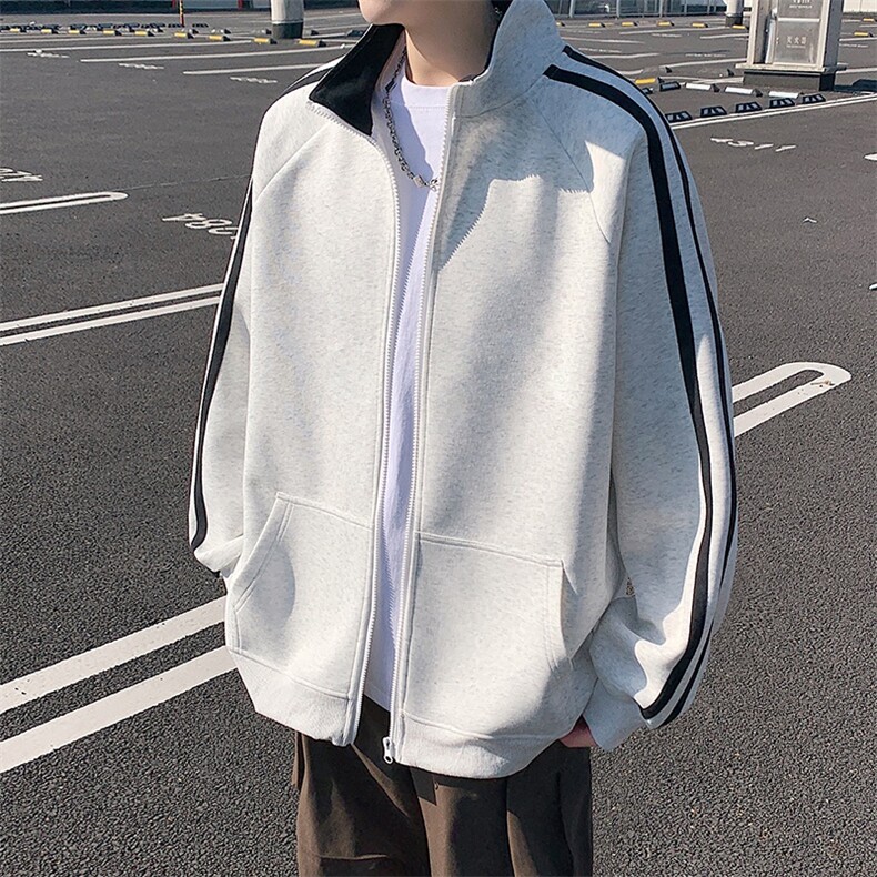 H215条纹开衫卫衣男新款潮牌立领宽松外套ins美式休闲拉链上衣，女装短外套，星座304A