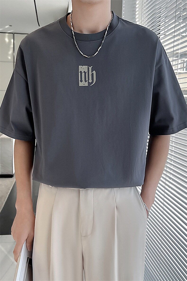 春夏轻熟纯色基础印花短袖T恤落肩宽松半截袖TX16/P45特控68,男装T恤,电商A243