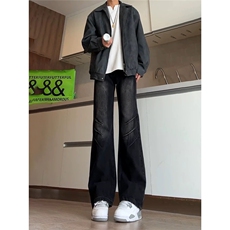 春季美式高街牛仔裤弯刀vibe风褶皱裤子男女直筒微喇裤LG800-p45，男装牛仔裤，星座1008