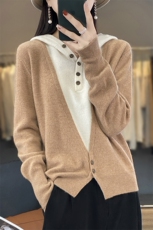 2023春季女装新款连帽假两件纯羊毛针织衫休闲韩版毛衣薄款上衣，女装羊毛衫，绒汀羊绒