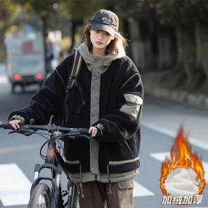 中性风冬季羊羔绒光板撞色保暖加厚连帽棉衣A406MY21P138