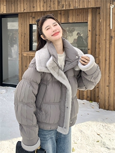 灰色短款泡芙羽绒服女2025冬季高级感毛毛拼接保暖90白鸭绒厚外套图片