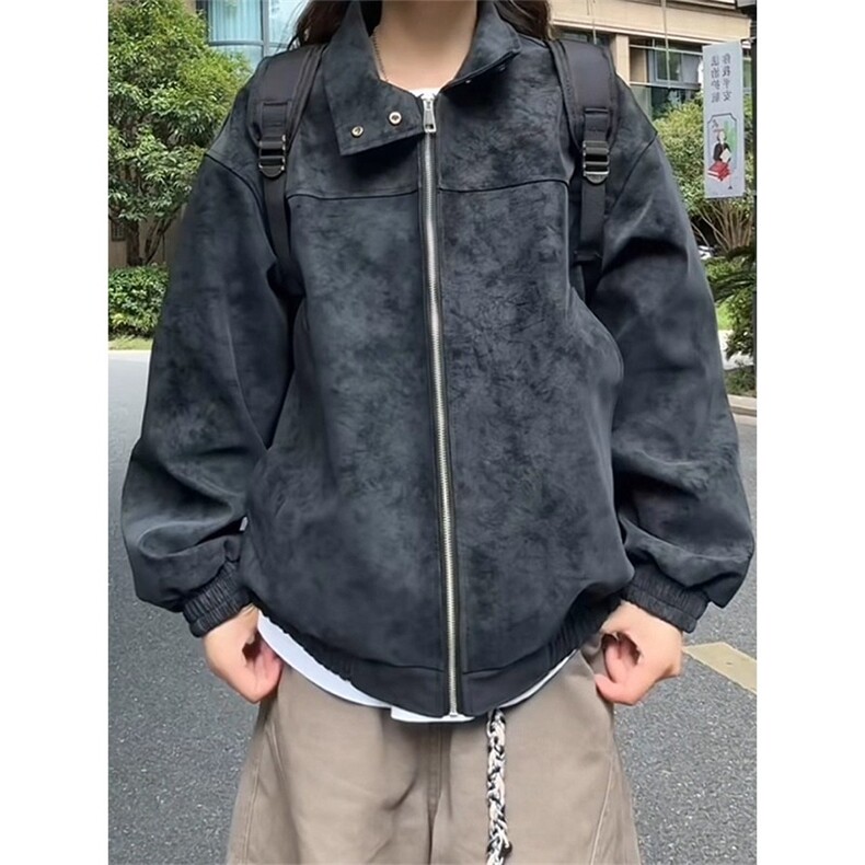 扎染短款立领pu皮夹克男秋季cleanfit美式潮牌正肩机车服外套HT25图片