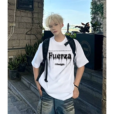 抖音得物供货210克现货宽松纯棉美式潮牌印花落肩袖纯棉T恤AT2161，男装T恤，电商A443