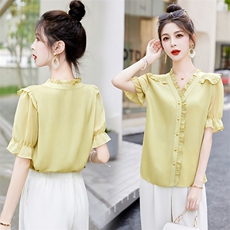 2023年夏季新款木耳花边拼接宽松上衣，女装蕾丝衫/雪纺衫，艾仟回(原伊仟回)