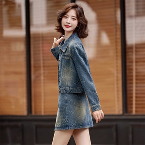 长袖翻领牛仔外套女短款春秋2025新款牛仔半身裙时尚套装图片