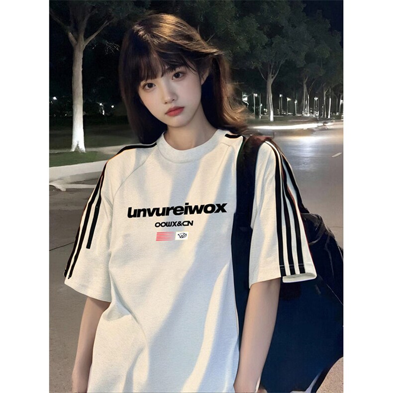 抖音得物高品质二开240克宽松纯棉美式潮牌三条杠织带短袖T恤,男装T恤,电商A486