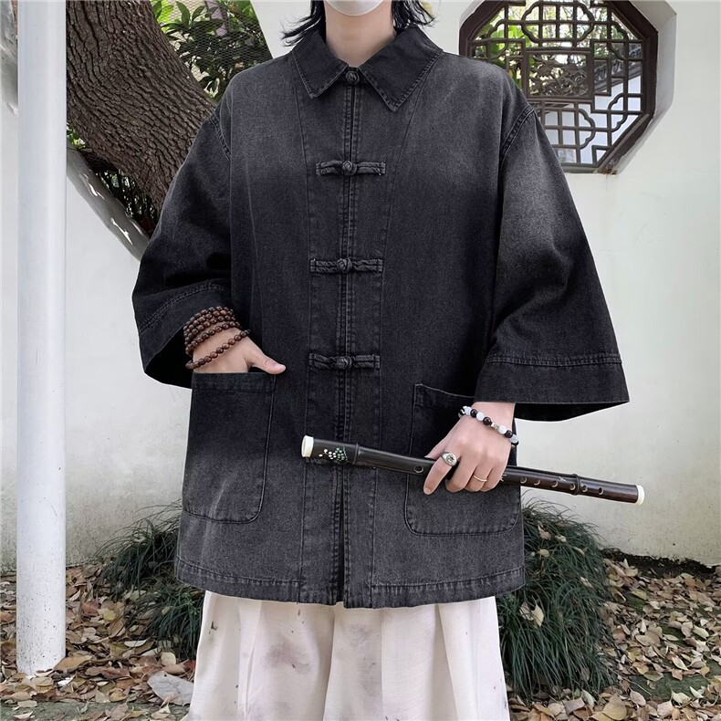 新中式复古风渐变水洗牛仔衬衫男士短袖盘扣五分袖衬衣夏季半袖潮,男装衬衫,星座1013
