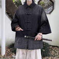 新中式复古风渐变水洗牛仔衬衫男士短袖盘扣五分袖衬衣夏季半袖潮，男装衬衫，星座1013