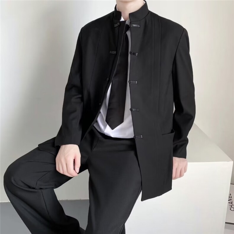 新中式中山西装外套男秋季黑色高级感休闲风小西服唐装XZ26P65,男装夹克,星座1116-2