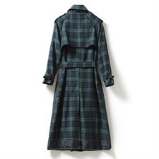 现货2022春秋新款韩版格子中长款撞色包边风衣外套女,女装风衣,艾乐芳