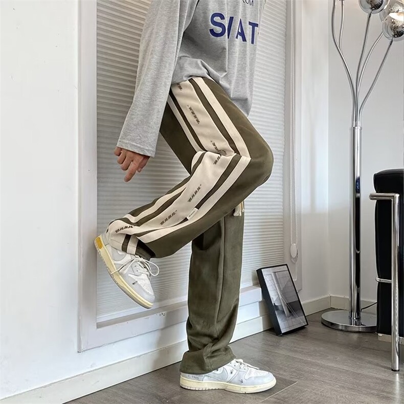 麂皮绒条纹休闲裤男秋季美式vibe直筒裤宽松拖地运动裤L2307-p40,女装休闲裤,星座1008-2