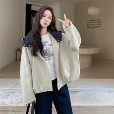 新品精秋装新款撞色翻领连帽短款风衣外套2601p155-k208，女装短外套，2C253