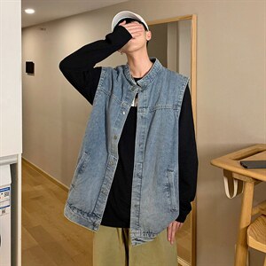 牛仔马甲男潮牌ins马夹工装机能无袖t恤坎肩背心港风外套MJ82-P55图片