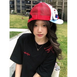 H0829-P35刺绣工艺螺纹领+包边拉肩休闲宽松短袖T恤图片