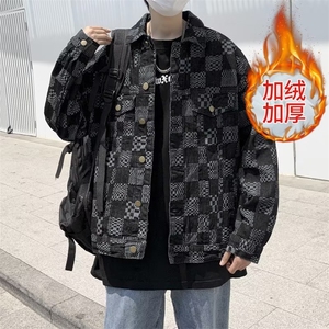 加绒加厚羊羔绒美式秋季夹克新款男时尚潮牛仔格子外套 RB57 P70图片