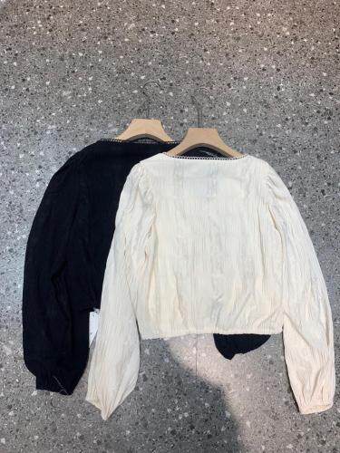 2021年秋季新品欧货Ａ领蕾丝边褶皱温柔长袖小衫，其它，L·H·X