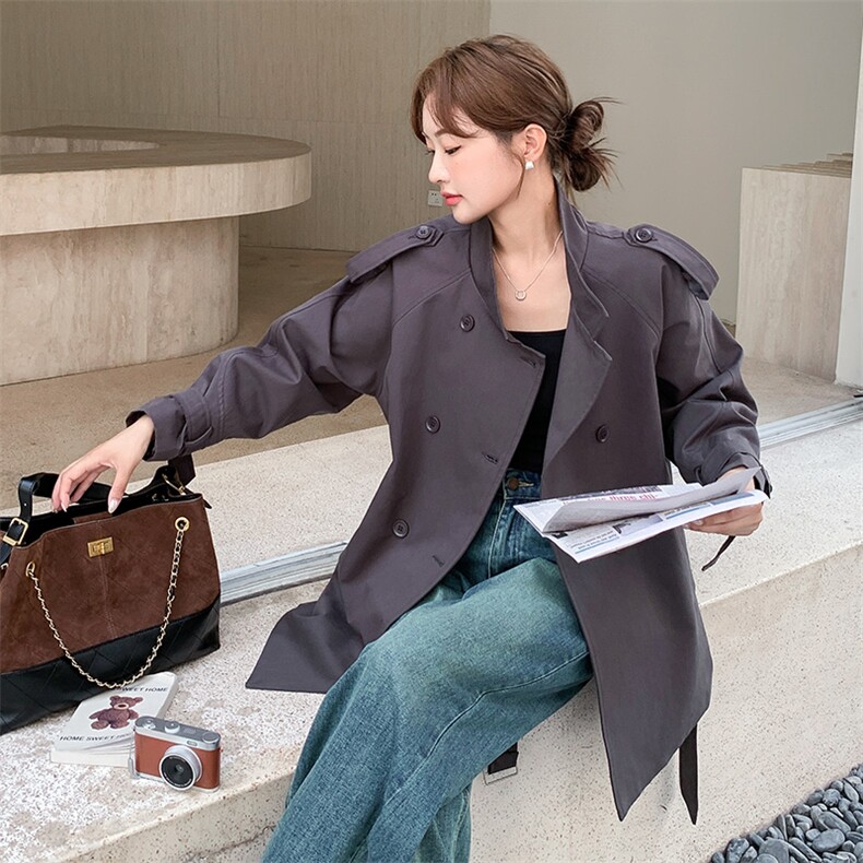 深灰色韩系工装风衣外套女2025秋季新款气质高级感小个子立领大衣,女装风衣,2C317A