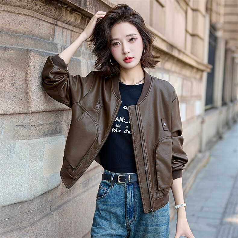 小个子皮衣外套女棒球服上衣春秋款时尚高级感港风复古显瘦皮夹克,女装皮衣,臻衣坊