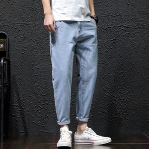 2021春秋季新日系复古修身直筒纯色大码男牛仔九分裤K069-P40图片