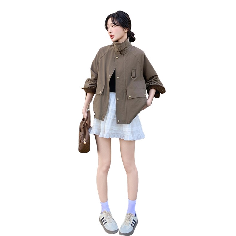 复古咖色灯芯绒拼接工装外套女2025春季新款休闲百搭宽松夹克上衣,女装短外套,2C206