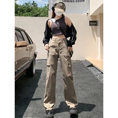 卡其色高腰直筒工装裤女春装2025年新款宽松显瘦休闲阔腿牛仔裤子，男装牛仔裤，星座506A