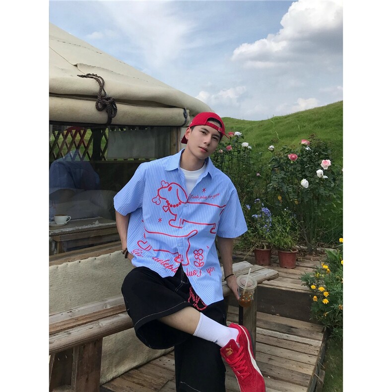 美式潮牌趣味腊肠狗印花短袖衬衫条纹蓝色宽松休闲衬衣男,男装T恤,星座1210-1