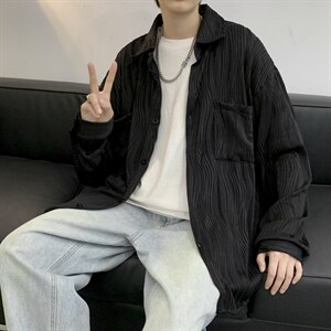 褶皱长袖衬衫男夏季设计感小众港风冰丝外套潮宽松衬衣 W3791-P40图片