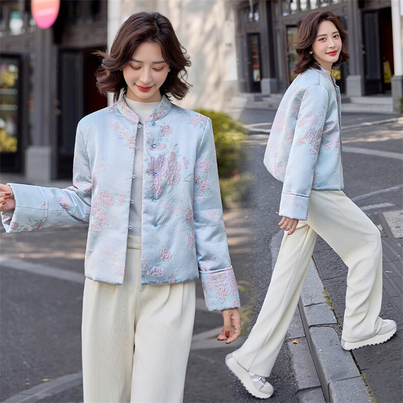水衣源2797A款新中式提花料立体花小立领羽绒服女气质保暖外套,女装羽绒服,水衣源