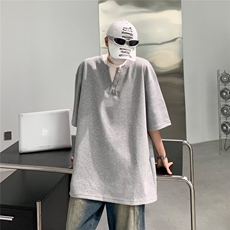 假两件灰色短袖男女款夏季日系休闲v领t恤cleanfit潮牌半袖~TX077，男装T恤，星座601-2