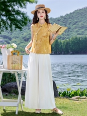 现货2026年夏季新中式上衣麻料阔腿裤子，可分开卖，女装套装/套裙，伊仟回
