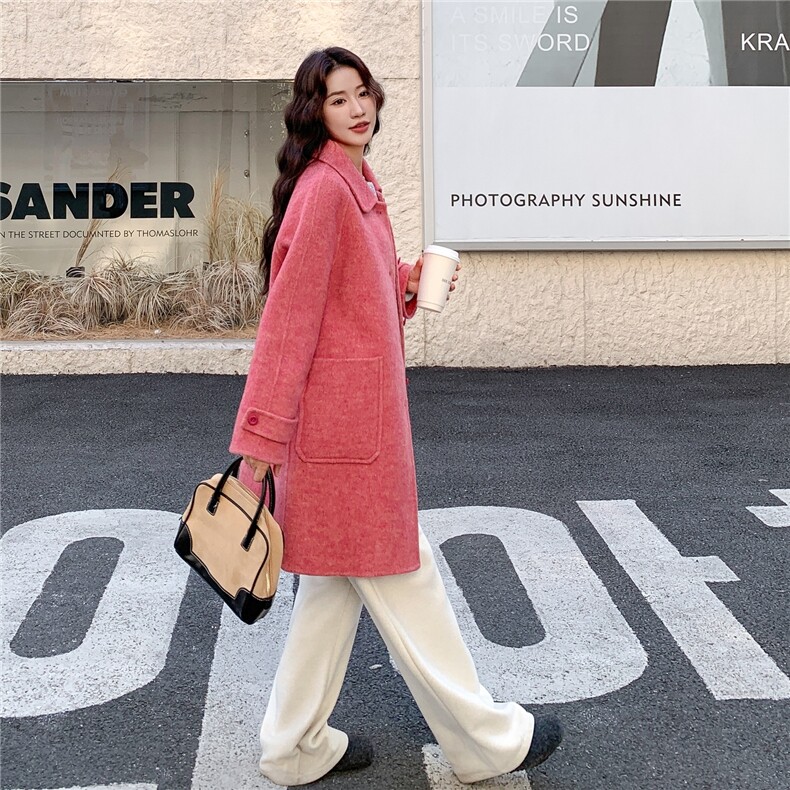 玫粉色设计感日系双面羊毛大衣女冬季2025新款韩系中长款毛呢外套,女装毛呢外套,2C081