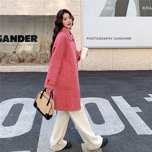 玫粉色设计感日系双面羊毛大衣女冬季2025新款韩系中长款毛呢外套图片
