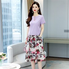 中年妈妈夏装套装短袖小个子2024新款休闲印花棉麻套装裙两件套女，女装套装/套裙，牡丹诺