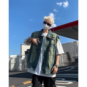 美式水洗破洞牛仔马甲男潮牌宽松休闲痞帅无袖坎肩外套M6055-P57图片