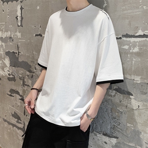 夏季港风休闲纯棉短袖t恤男装半袖打底假两件上衣服 DS347TP25图片