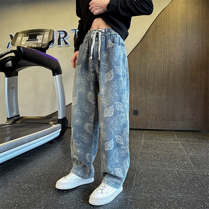 秋冬加绒牛仔裤 男士个性树叶印花直筒牛仔弯刀裤潮901N50加绒P68图片