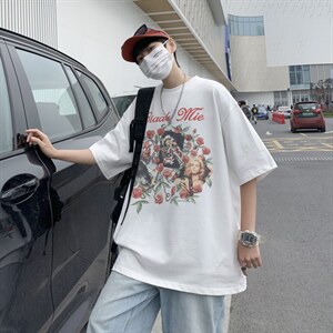 夏季复古做旧玫瑰花短袖男夏季潮牌情侣宽松五分袖 T1074-P32图片