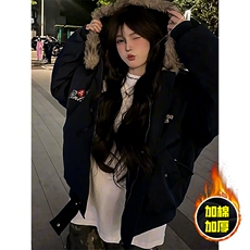 现货高品质美式高街重磅刺绣座山雕大毛毛领棉衣男女加厚棉服外套，男装棉衣，电商A443