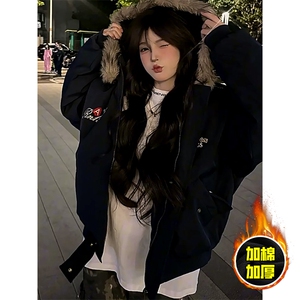 现货高品质美式高街重磅刺绣座山雕大毛毛领棉衣男女加厚棉服外套图片