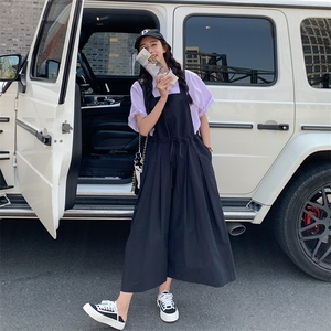 小众设计感纯色连体裙裤韩版休闲宽松收腰阔腿九分裤工装背带裤女图片