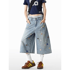 彩色纽扣牛仔短裤男女美式高街cleanfit裤子阔腿七分裤RK3058-P60，男装牛仔裤，星座412-1