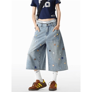 彩色纽扣牛仔短裤男女美式高街cleanfit裤子阔腿七分裤RK3058-P60图片