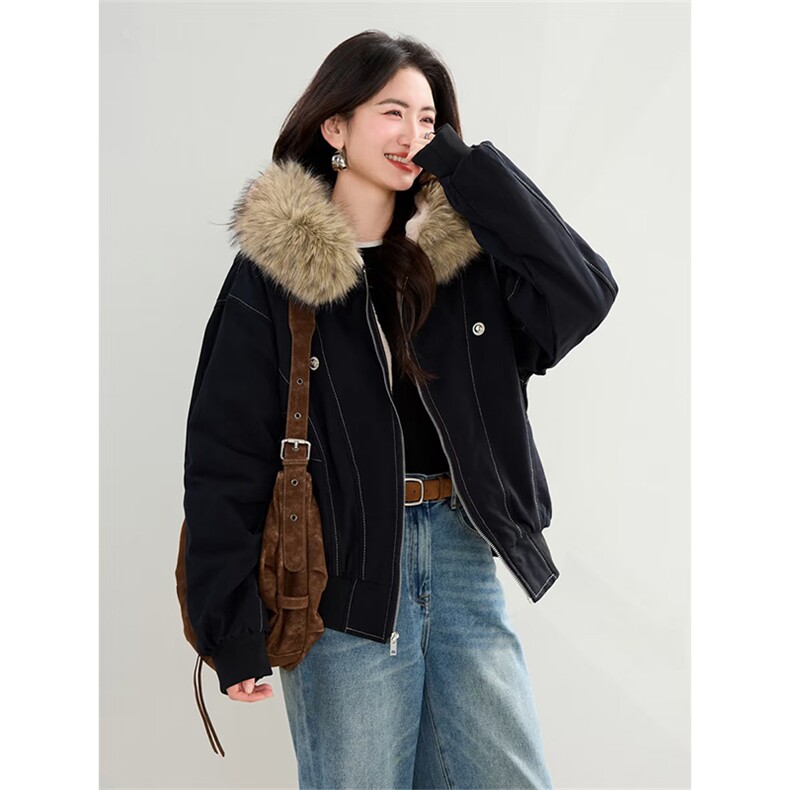 现货重磅boxy短款棉衣座山雕大毛毛领男女棉服水洗工装厚外套，男装棉衣，电商A486-1