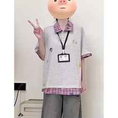 Q381-P34polo领学院风拼接短袖T恤宽松复古慵懒情侣polo衫夏，男装Polo衫，星座911-1